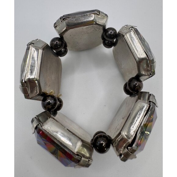 Chunky Rainbow Vitriol Glass Stretch Bracelet - Rectangular Panels - Silver Tone - Picture 6 of 10